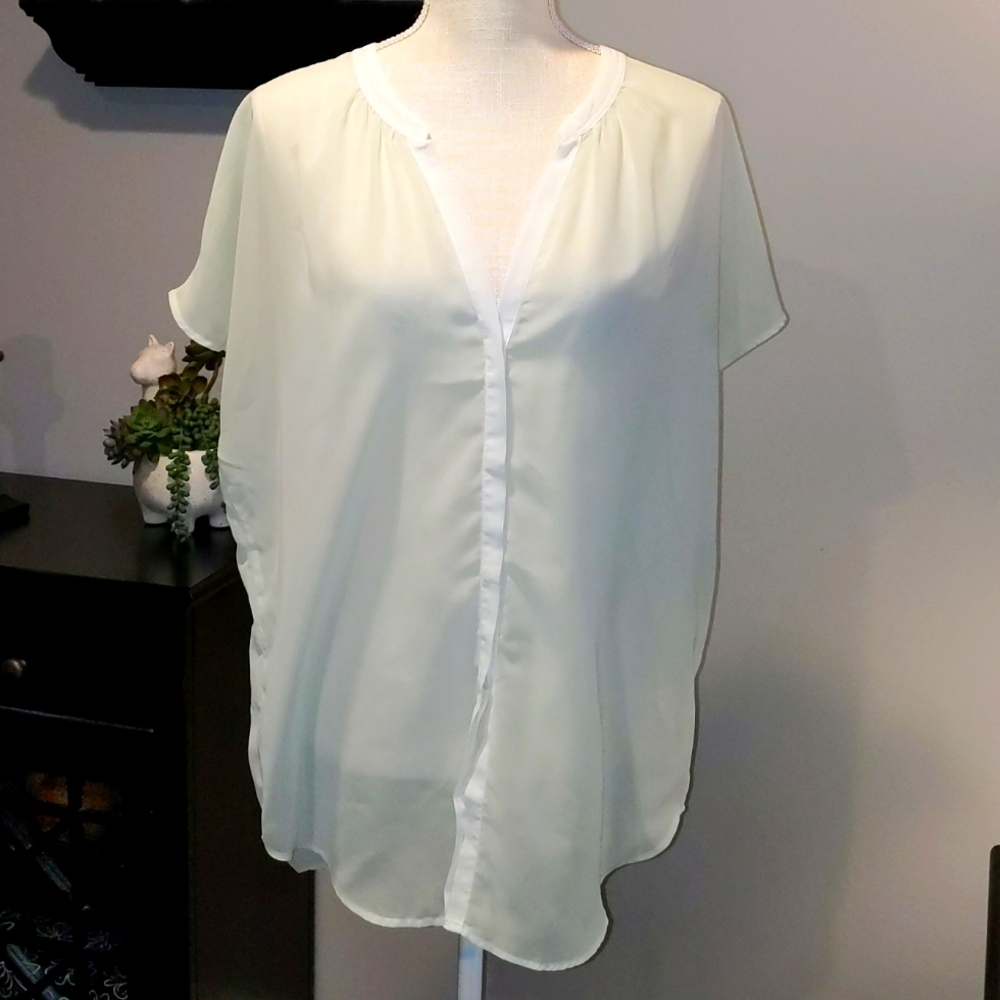 Banana Republic sheer V-neck button up pale light green w/ white trim medium